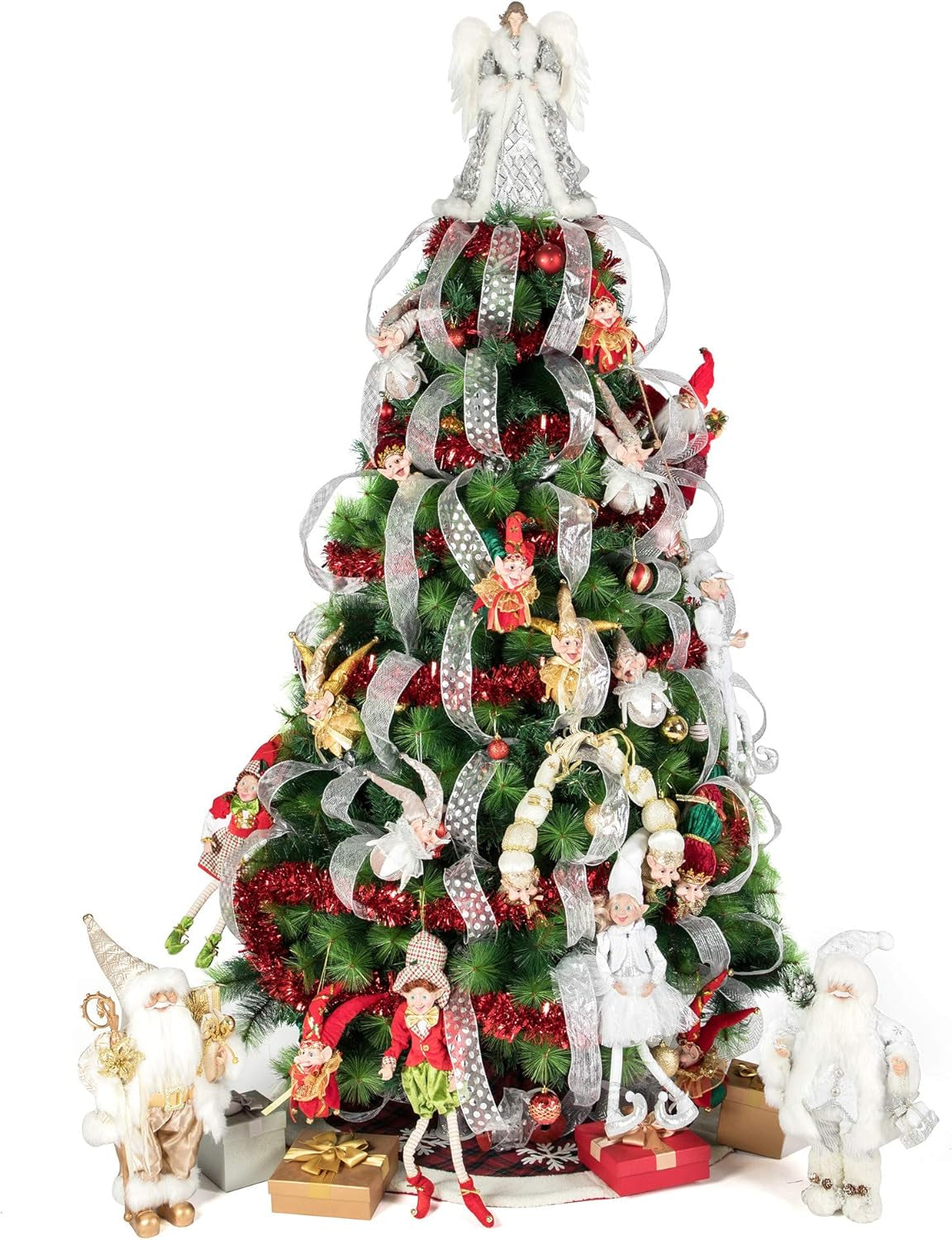 16 Inches Angel Tree Topper with Shiny Sequins Luxury Dress, Christmas Treetop Flying Angel Winged Diva Fairy Goddess Figurine Holiday Ornament, Silver Grey