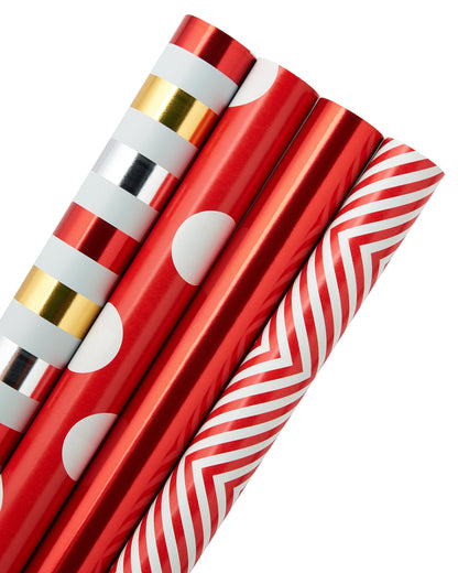 Reversible All-Occasion Wrapping Paper, Red and Gold Patterns (4 Rolls, 120 Sq. Ft)
