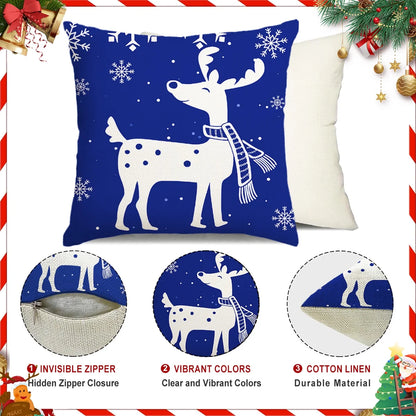 Christmas Throw Pillow Covers 18''X18'' Set of 4 Decorative Holiday Pillows Cover Cases Farmhouse Decor for Xmas Decoration Home Couch Sofa, Blue