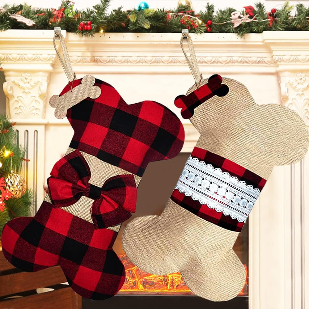 2 Pack Pet Dog Christmas Stockings Buffalo Red Black Plaid Burlap Large Bone Shape Hanging Christmas Stocking for Dogs Pets