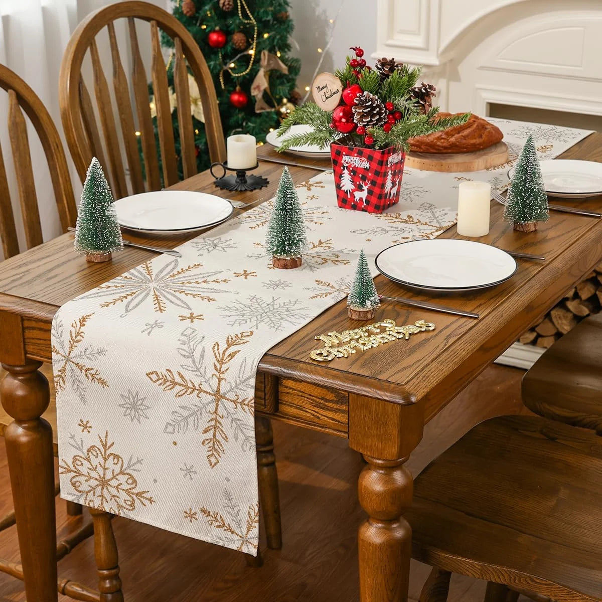 Christmas Table Runner, Snowflakes Beige Winter Holiday Home Decor for Party, 13X60 Inch, Polyester