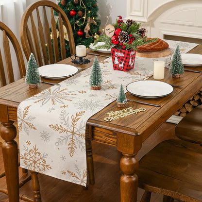 Christmas Table Runner, Snowflakes Beige Winter Holiday Home Decor for Party, 13X60 Inch, Polyester