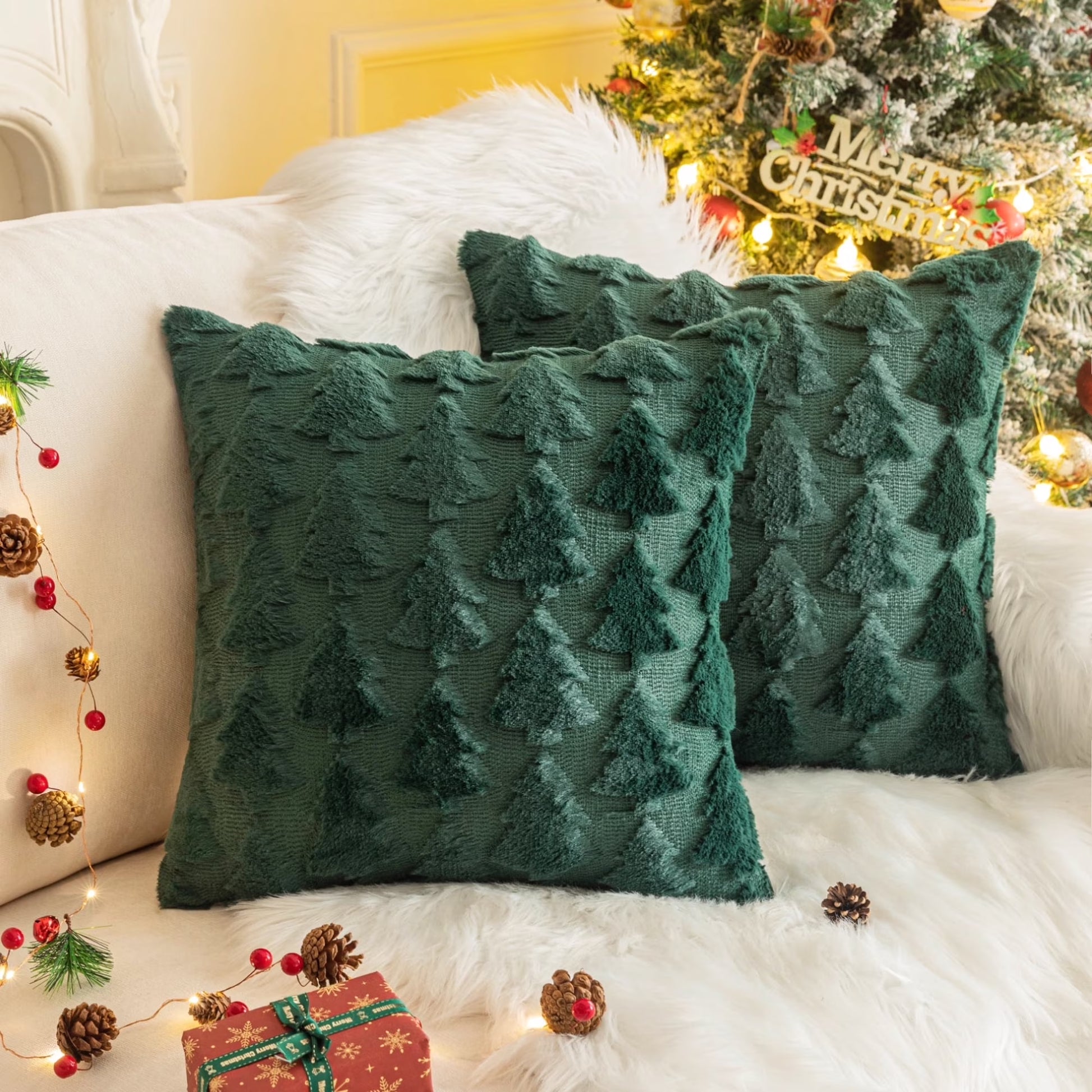 Set of 2 Christmas Tree Throw Pillow Covers, Soft Faux Fur Decorative Xmas Throw Pillows for Couch Sofa Holiday Winter Decor