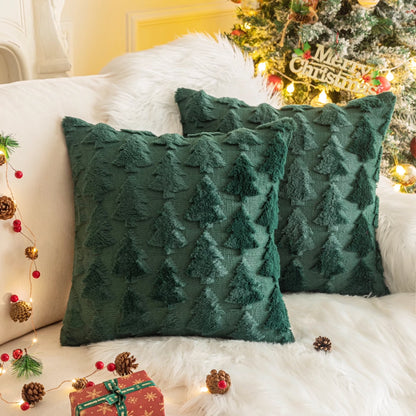 Set of 2 Christmas Tree Throw Pillow Covers, Soft Faux Fur Decorative Xmas Throw Pillows for Couch Sofa Holiday Winter Decor