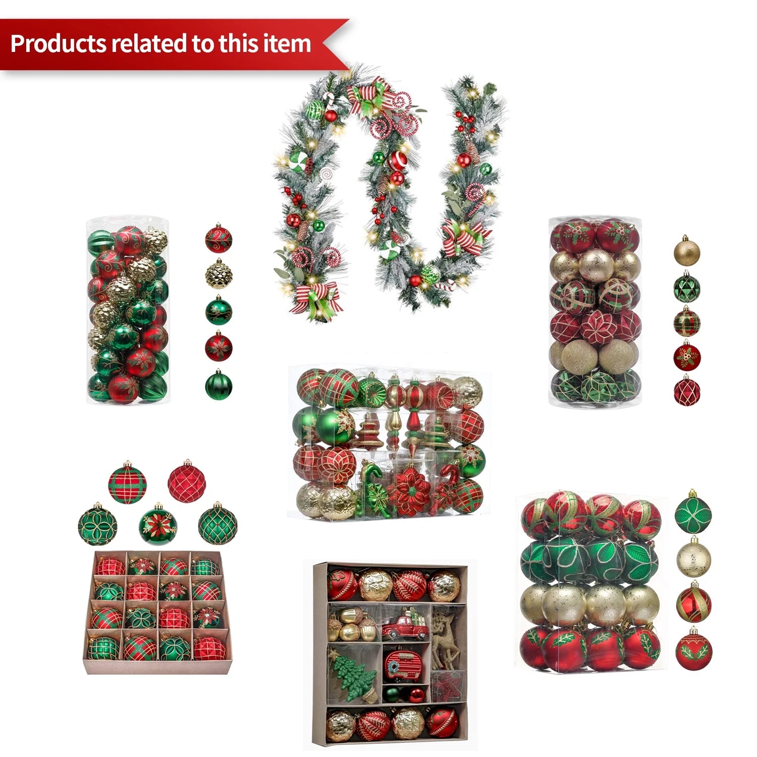 108Ct Christmas Ornaments Set, Red Green Gold Christmas Tree Ornaments for Party Decor