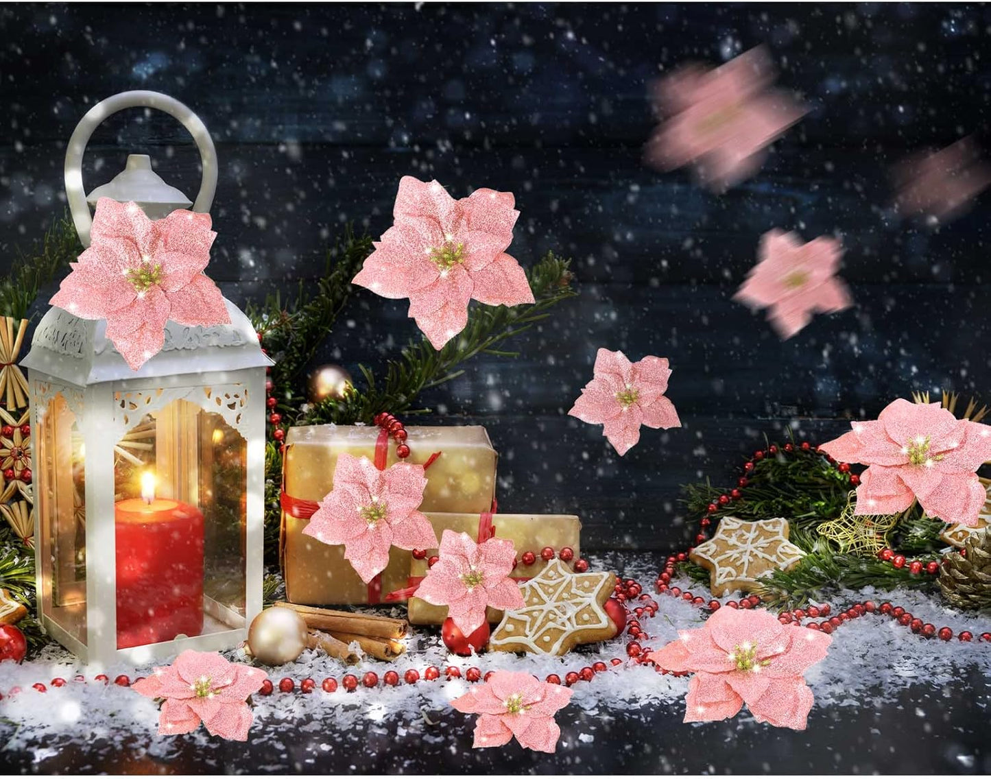 36 Pieces Christmas Glitter Poinsettia 3/4/6 Inch Faux Flowers Christmas Flowers Decorations Wedding Xmas Tree New Year Ornaments(Rose Gold)