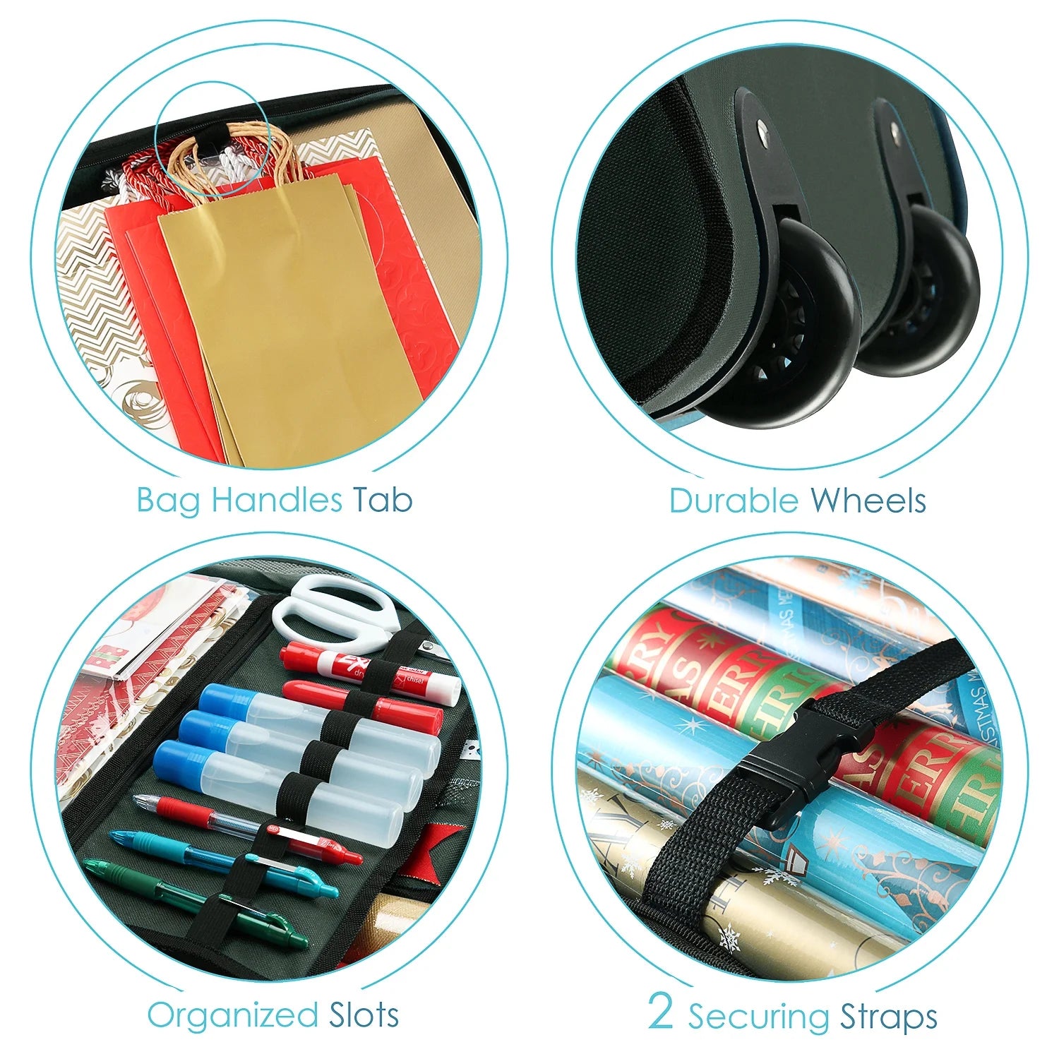 Holiday Storage with Extra 2 PC of Christmas Storage Bins and Ribbon Storage Organizer - Wrapping Paper Storage Containers with Wheels Fits up to 30 Rolls of 40" Length, Green