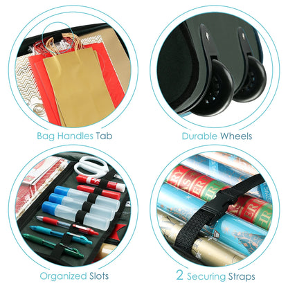 Holiday Storage with Extra 2 PC of Christmas Storage Bins and Ribbon Storage Organizer - Wrapping Paper Storage Containers with Wheels Fits up to 30 Rolls of 40" Length, Green