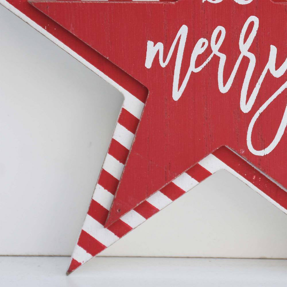 6 In. Red Star-Shaped Christmas Wood Tabletop Photo Holder with Be Merry Text