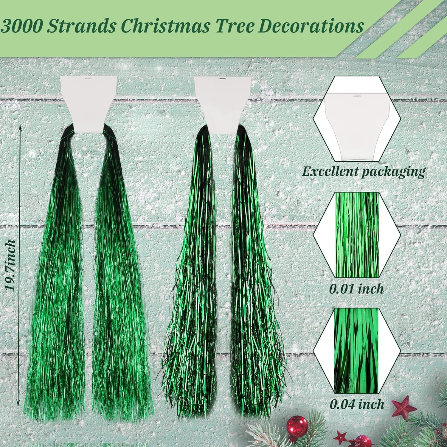 3000 Strands Christmas Tree Decorations Tinsel Garland Iridescent Tinsel Foil Fringe Icicles for Christmas Home Hair Decor Holiday Birthday Graduation Supplies (Green)