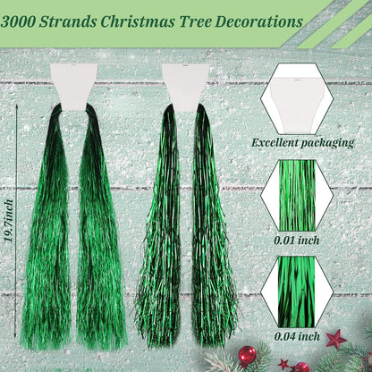 3000 Strands Christmas Tree Decorations Tinsel Garland Iridescent Tinsel Foil Fringe Icicles for Christmas Home Hair Decor Holiday Birthday Graduation Supplies (Green)