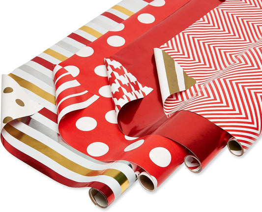 Wrapping Paper Rolls for Christmas or Any Occasion, Metallic Gold and Red Holiday Gift Wrap (120 Sq. Ft., 4 Rolls-30 In. X 12 Ft., Reversible) Stripes, Polka Dots, Zig Zags
