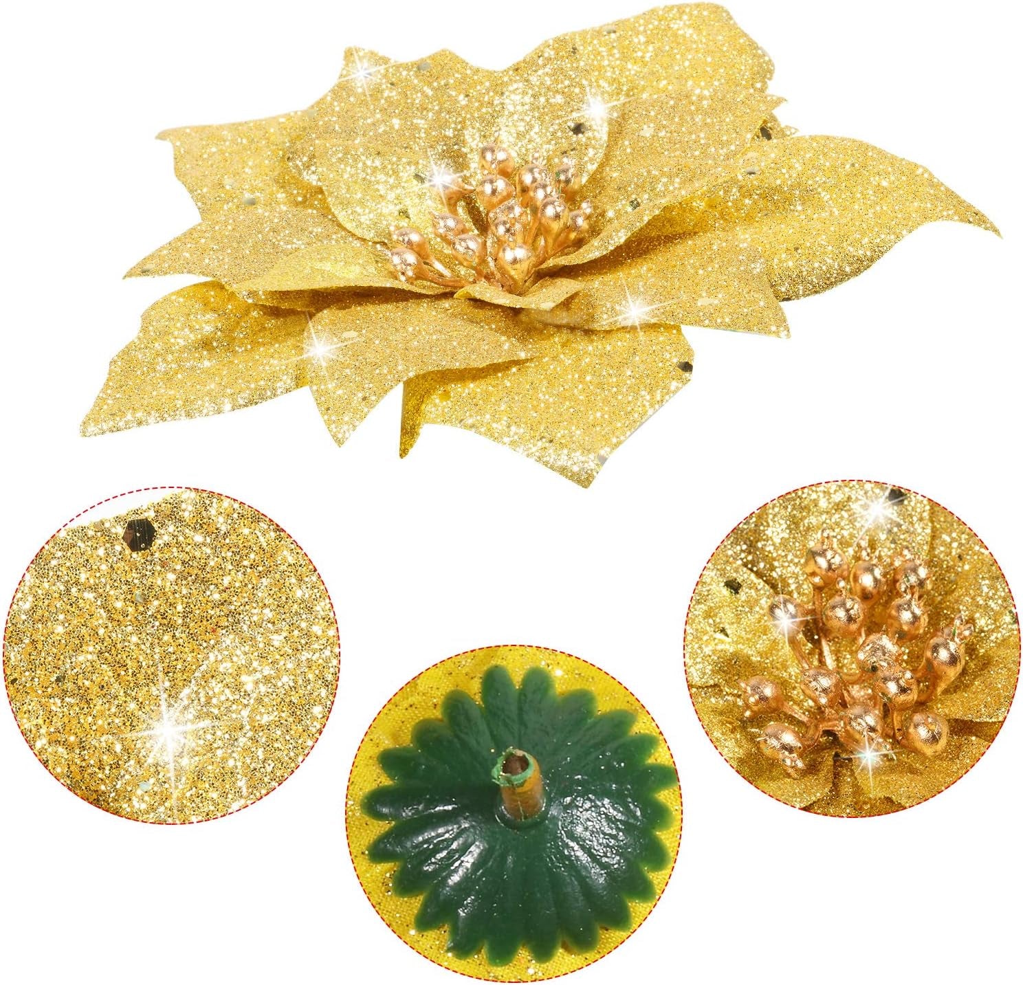 36 Pieces Christmas Glitter Poinsettia Faux Flowers Christmas Flowers Decorations Wedding Xmas Tree New Year Ornaments(Gold)