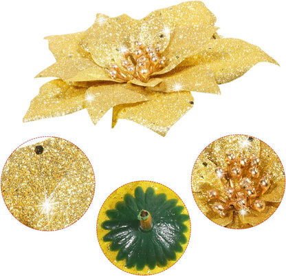 36 Pieces Christmas Glitter Poinsettia Faux Flowers Christmas Flowers Decorations Wedding Xmas Tree New Year Ornaments(Gold)