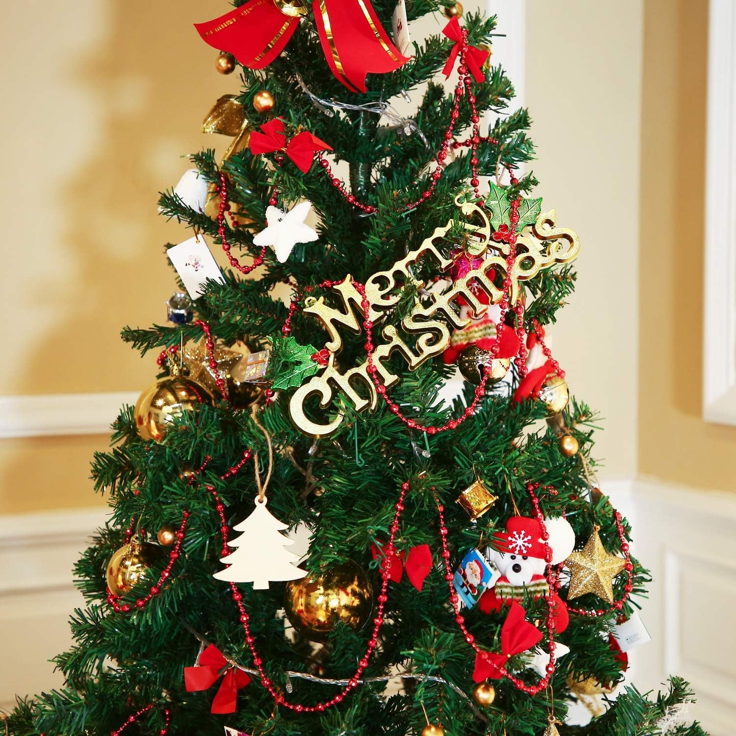 49 Ft Beaded Garland for Christmas Tree Plastic Artificial Pearl Strands String Beads Trim Roll Chain for Xmas DIY Craft Party Decoration Table Centerpiece Wedding Bouquet(Red)