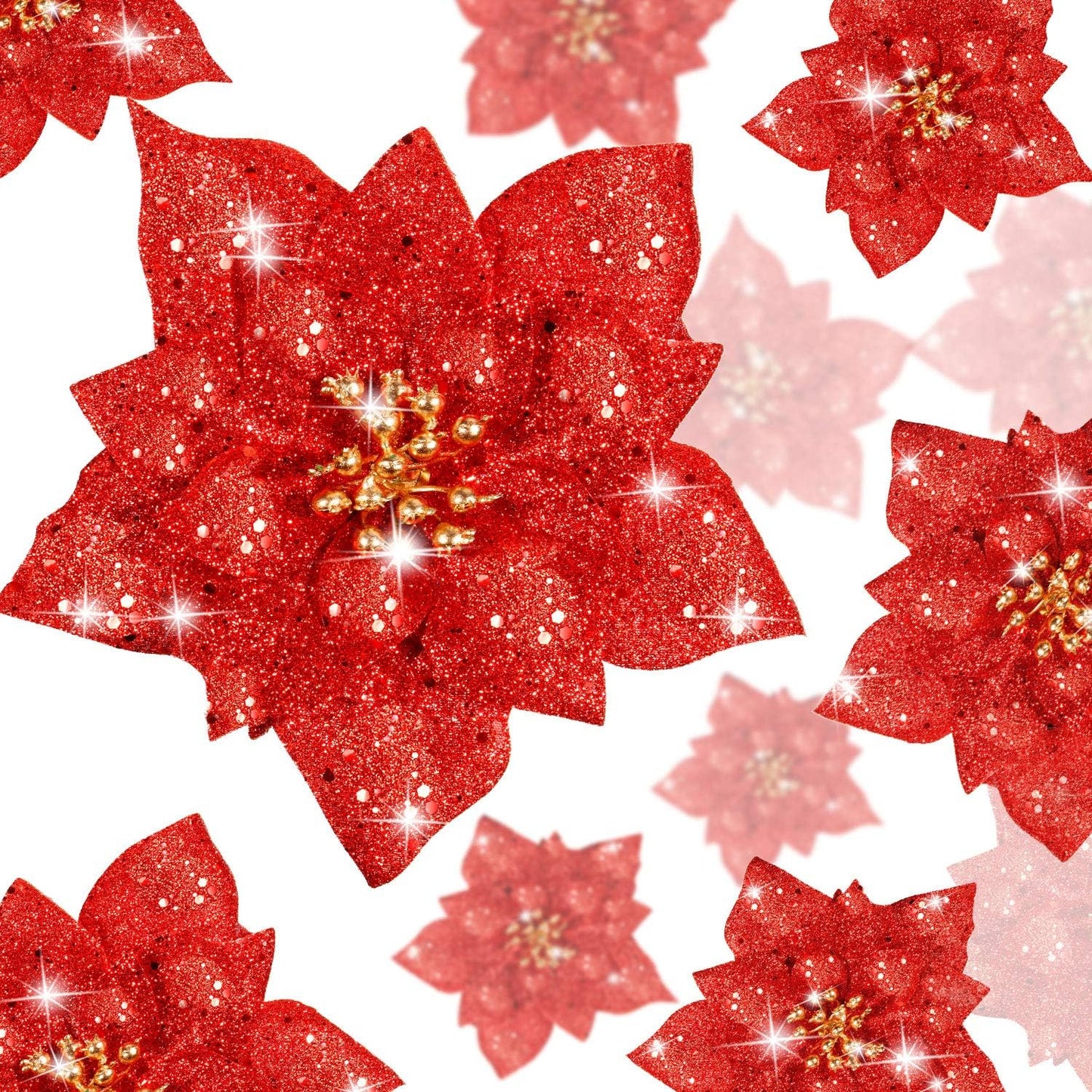 24 Pieces Glitter Poinsettia Artificial Christmas Flowers Poinsettia Decorations Wedding Christmas Tree Ornaments, 3/4/6 Inches (Red)