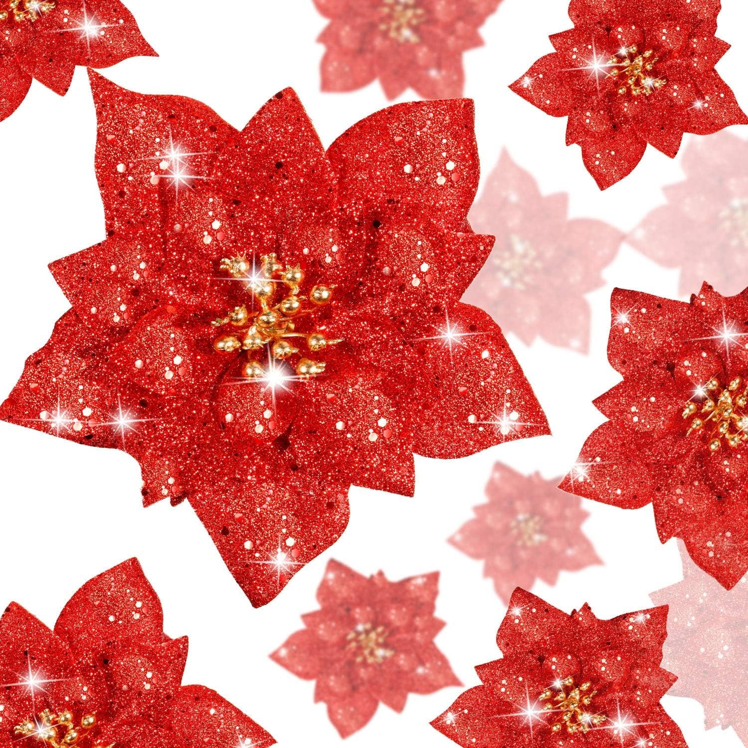 24 Pieces Glitter Poinsettia Artificial Christmas Flowers Poinsettia Decorations Wedding Christmas Tree Ornaments, 3/4/6 Inches (Red)