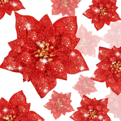 24 Pieces Glitter Poinsettia Artificial Christmas Flowers Poinsettia Decorations Wedding Christmas Tree Ornaments, 3/4/6 Inches (Red)