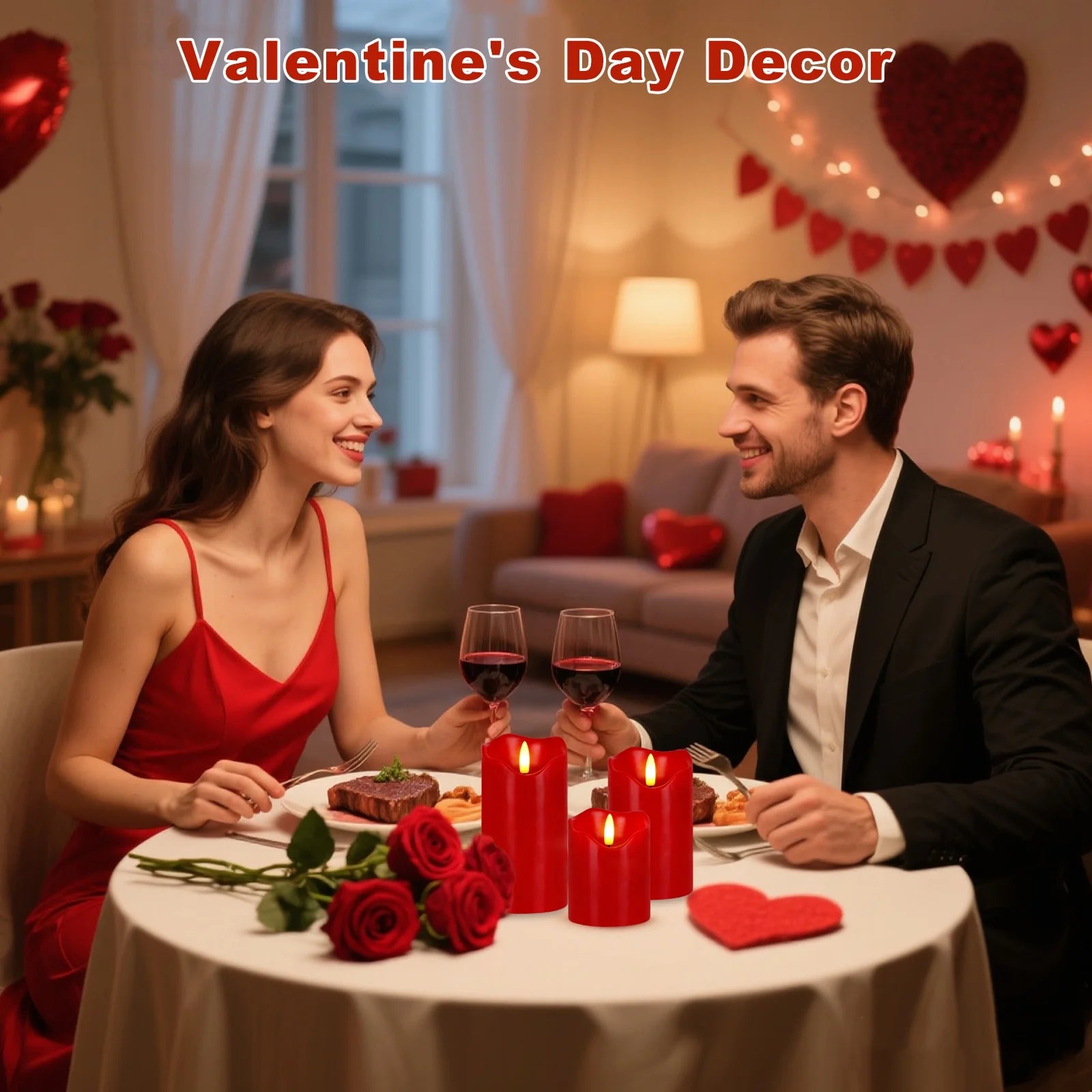 Flameless Candles Lights, Set of 3 Red Flickering LED Candles with Remote & Timer, Dimmable LED Pillar Candles Battery Operated, Electric Candles for Home Thanksgiving Christmas Decor