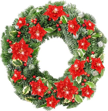 24 Pieces Glitter Poinsettia Artificial Christmas Flowers Poinsettia Decorations Wedding Christmas Tree Ornaments, 3/4/6 Inches (Red)