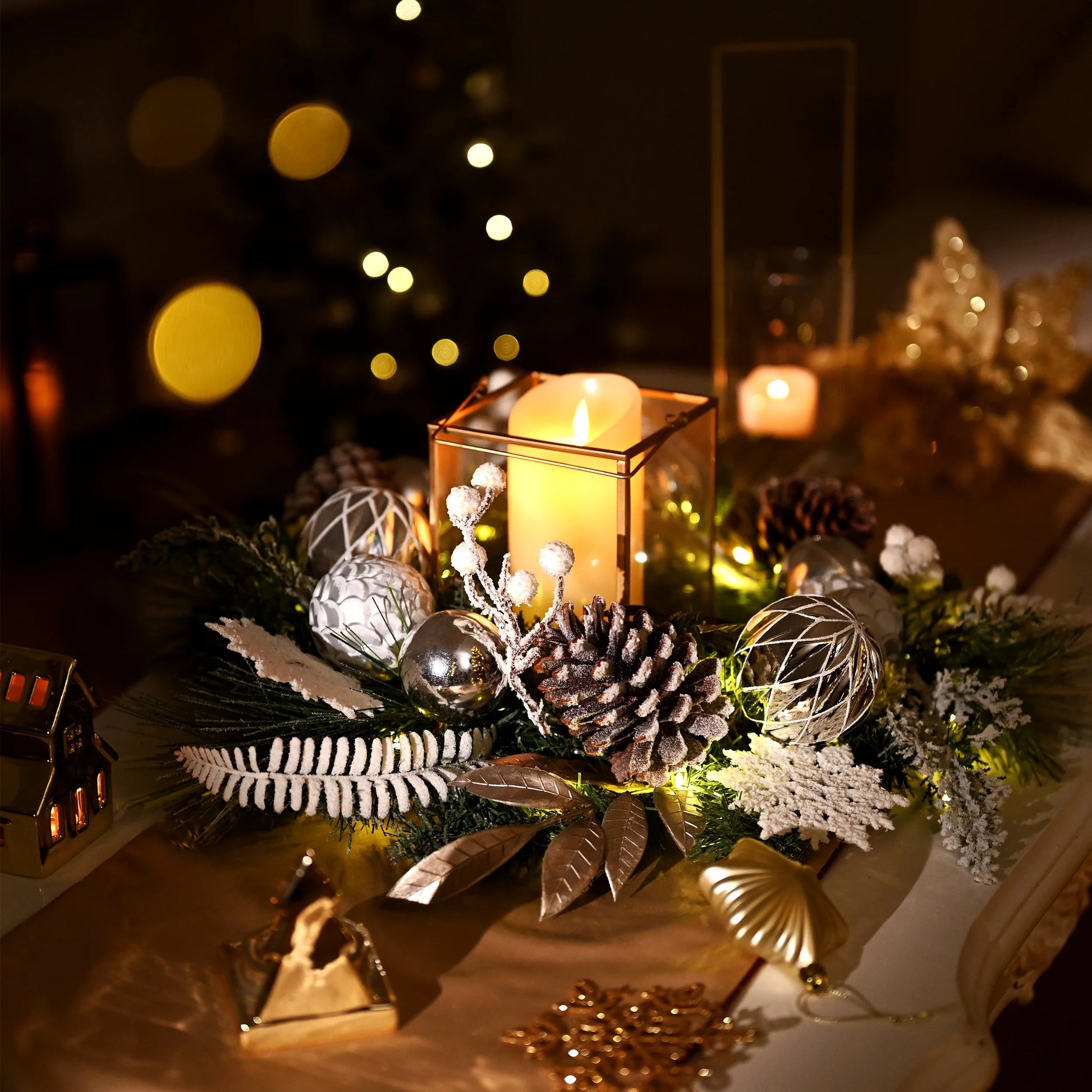 24 Inches Pre-Lit Christmas Wreath Silver White Lighted Wreath with Pine Cone & Snowflake & Silver White Ornament Perfect Gift for Wedding Valentine'S Day Party Front Door Decoration