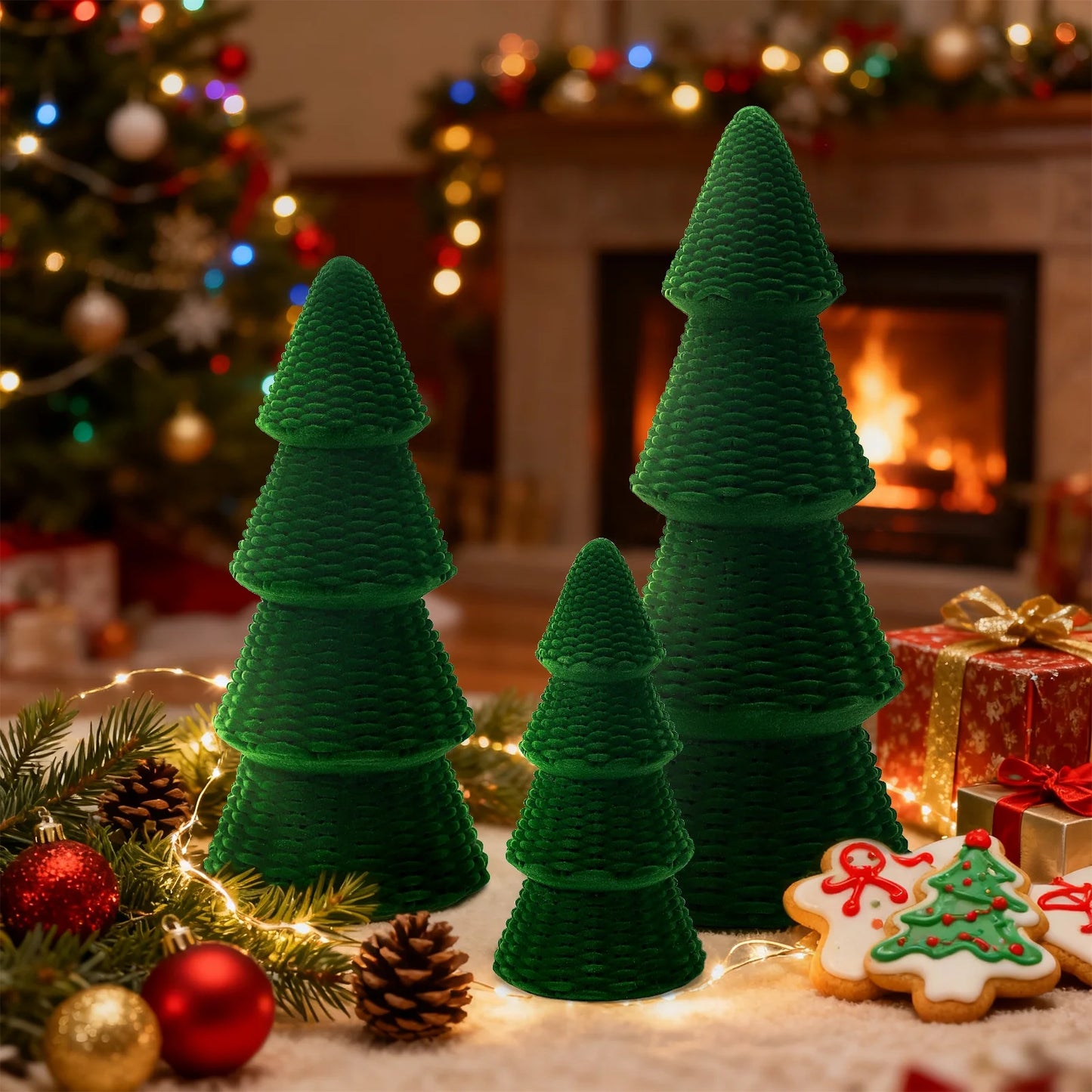 3Pcs Tabletop Christmas Tree Velvet Woven Resin Christmas Trees for Christmas Decor Indoor, Christmas Table Decor, Green