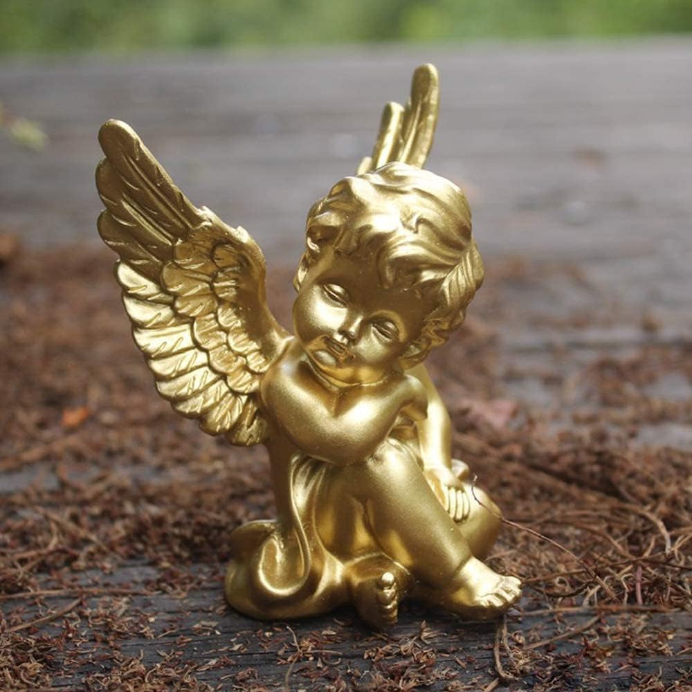 Set of 2 Cherubs Angels Resin Statue Figurine, Indoor Home Decoration, Adorable Angel Sculpture Memorial Statue 4" - Gold