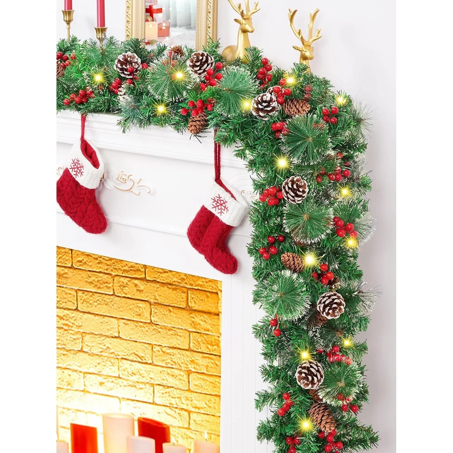 9Ft Christmas Lighted Garland, Battery Operated Christmas Garland with Lights,Pre-Lit Garland with Pine Cones for Indoor Home Holiday Xmas Decorations