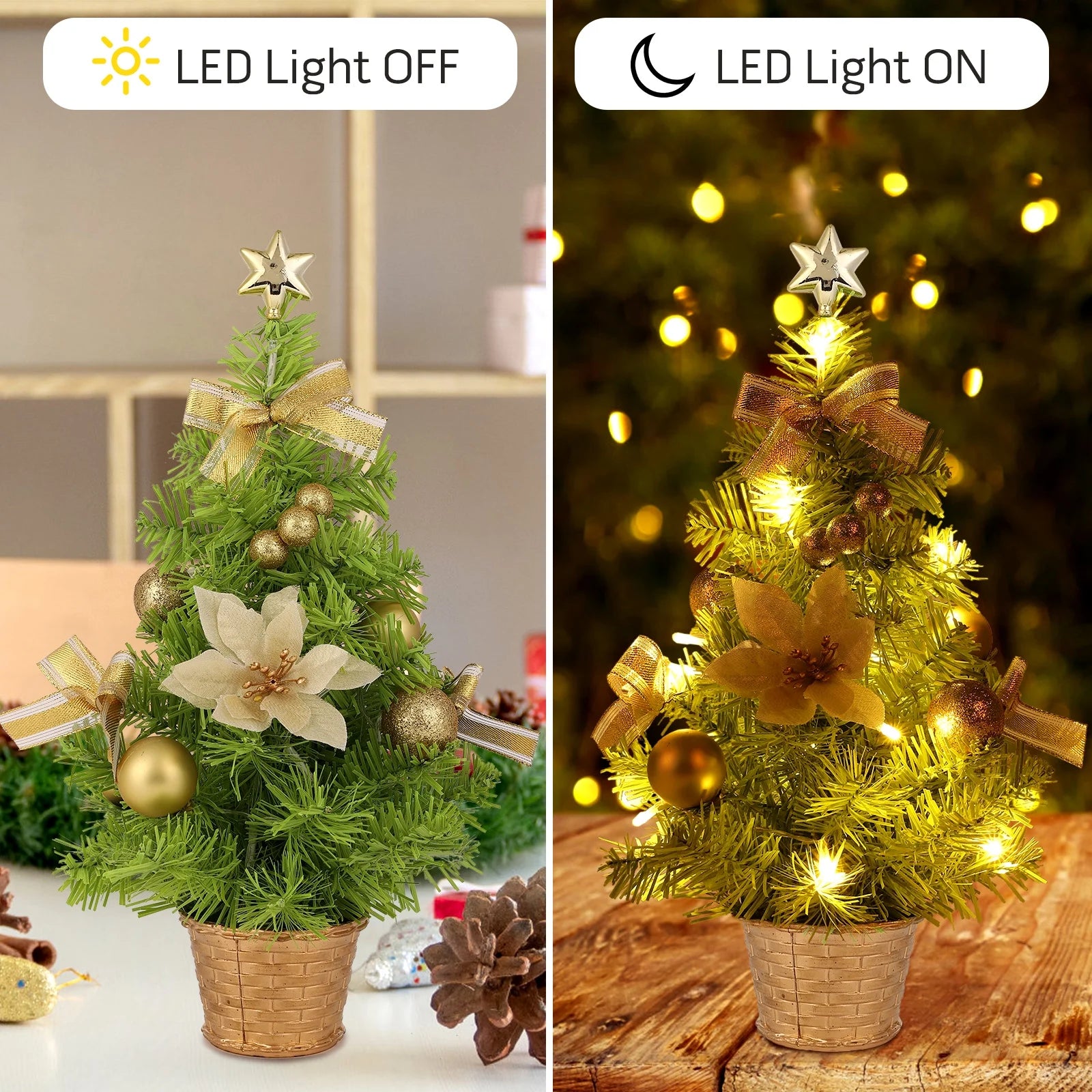 18-Inch Artificial Mini Christmas Tree with LED String Lights and Ornaments for Festive Tabletop Decor