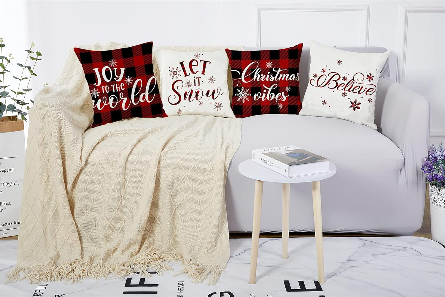 22X22 Christmas Pillow Covers, Decorative Farmhouse Christmas Vibes Believe Buffalo Plaid Let It Snow Outdoor Pillow Shams Cases Slipcovers Set of 4 for Couch Sofa