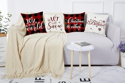 22X22 Christmas Pillow Covers, Decorative Farmhouse Christmas Vibes Believe Buffalo Plaid Let It Snow Outdoor Pillow Shams Cases Slipcovers Set of 4 for Couch Sofa