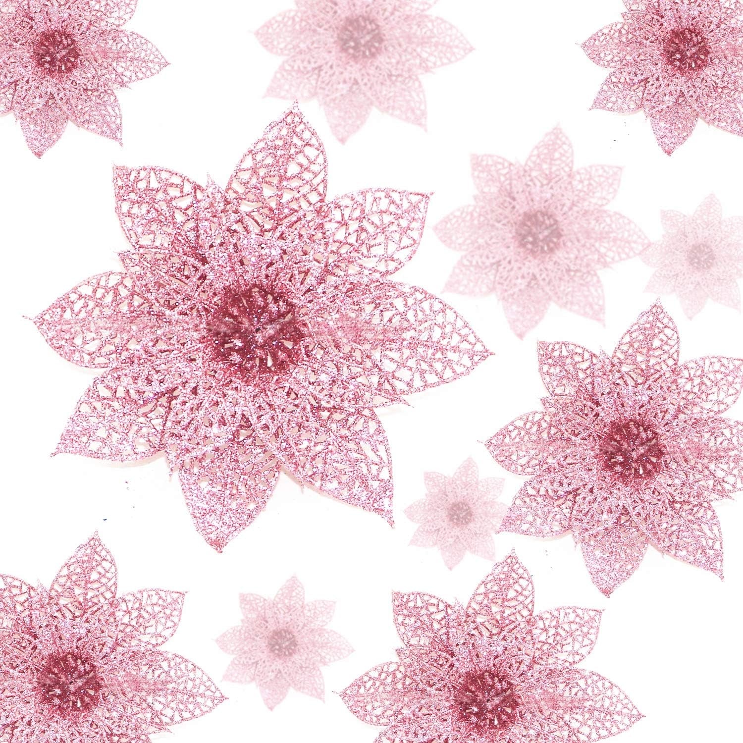 Pack of 10 Glitter Pink Poinsettia Christmas Tree Ornaments (Pink)