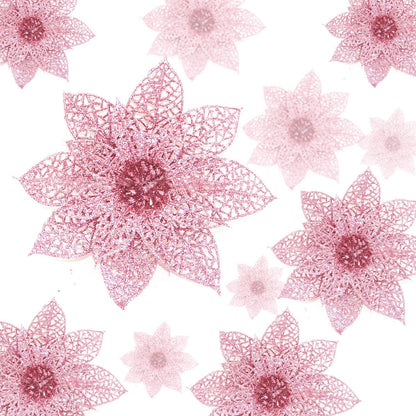 Pack of 10 Glitter Pink Poinsettia Christmas Tree Ornaments (Pink)