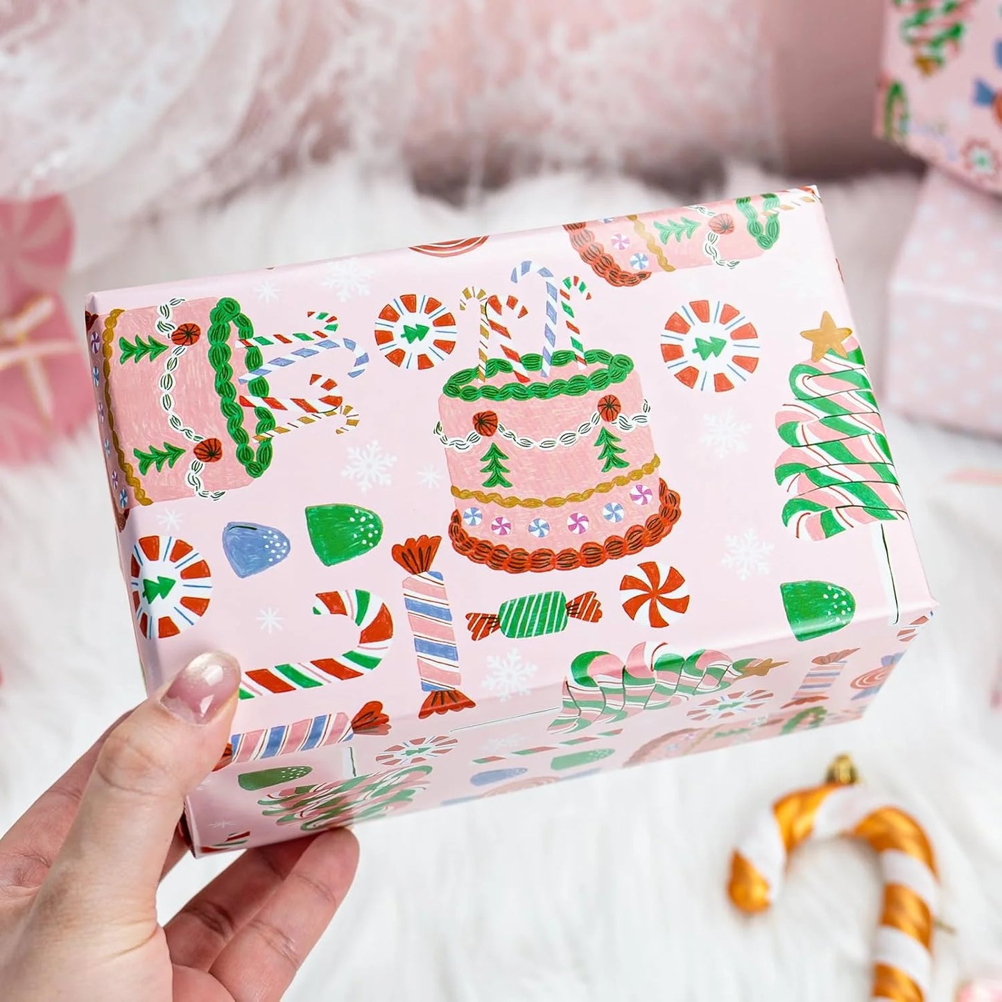 Girls Pink Wrapping Paper Roll, Pastel Cute Birthday Wrapping Paper W/Cakes, Reversible Modern Holiday Gift Wrap with Tree Present Candy Cane for Christmas, Party, Decorative Craft Supply