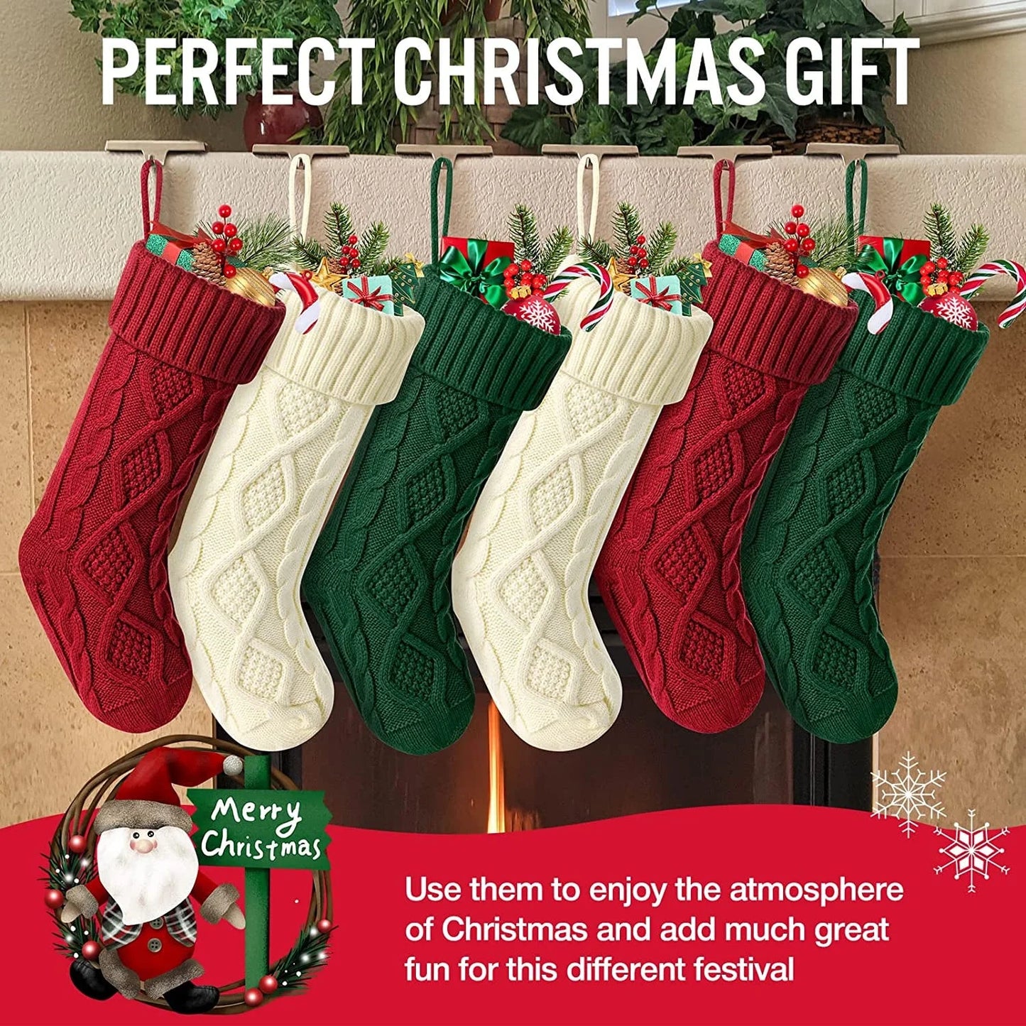 6Pcs Christmas Stockings Large Knitted Xmas Stockings 18 Inches Fireplace Hanging Stockings for Family Holiday Christmas Decoration