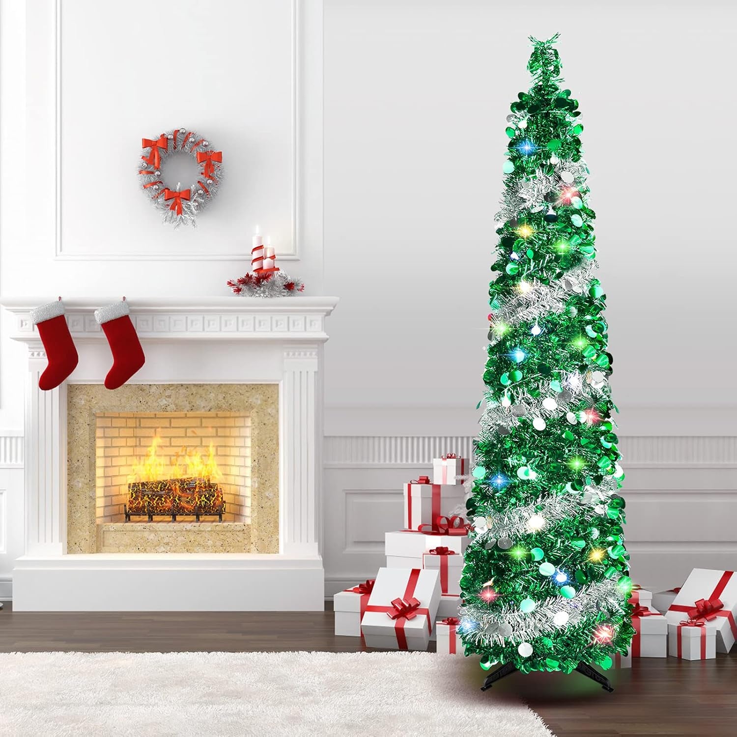 5 FT Christmas Trees with 90 Colorful Lights, Collapsible Artificial Sequin Pop up Christmas Tree, Tall Skinny Pencil Tinsel Christmas Trees Xmas Tree for Home Apartment Basement Fireplace