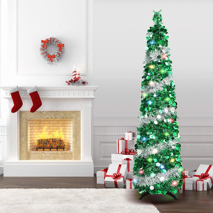 5 FT Christmas Trees with 90 Colorful Lights, Collapsible Artificial Sequin Pop up Christmas Tree, Tall Skinny Pencil Tinsel Christmas Trees Xmas Tree for Home Apartment Basement Fireplace