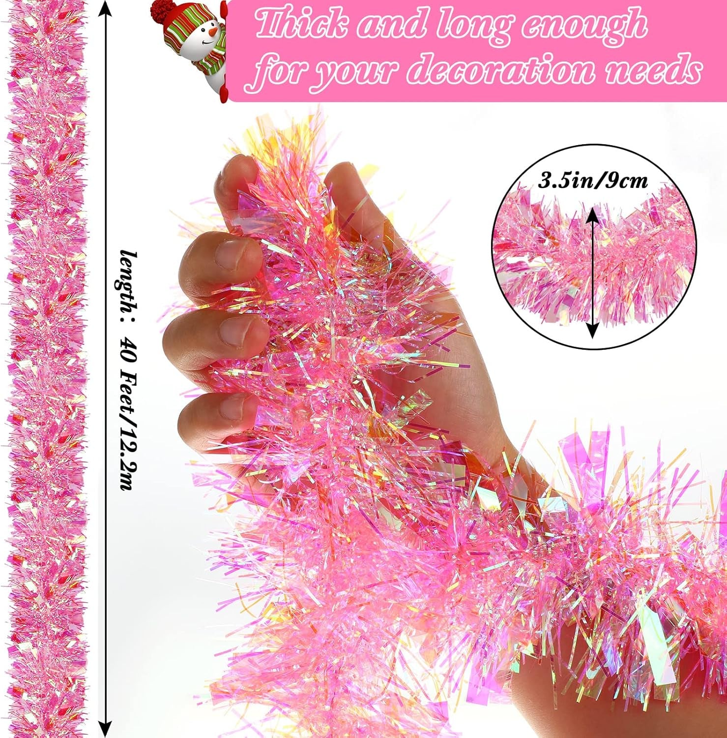 40 Feet Christmas Tinsel Garland Metallic Foil Twist Tinsel Garland Decoration for Christmas Tree, Wedding, Birthday and Party Hanging Decorations(Pink, Rainbow)