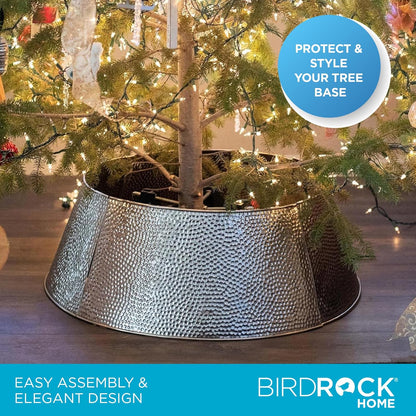 4-Panel Christmas Tree Collar - Metal Holiday Skirt Decor - Water Base Protection from Pets (Silver - Hammered)