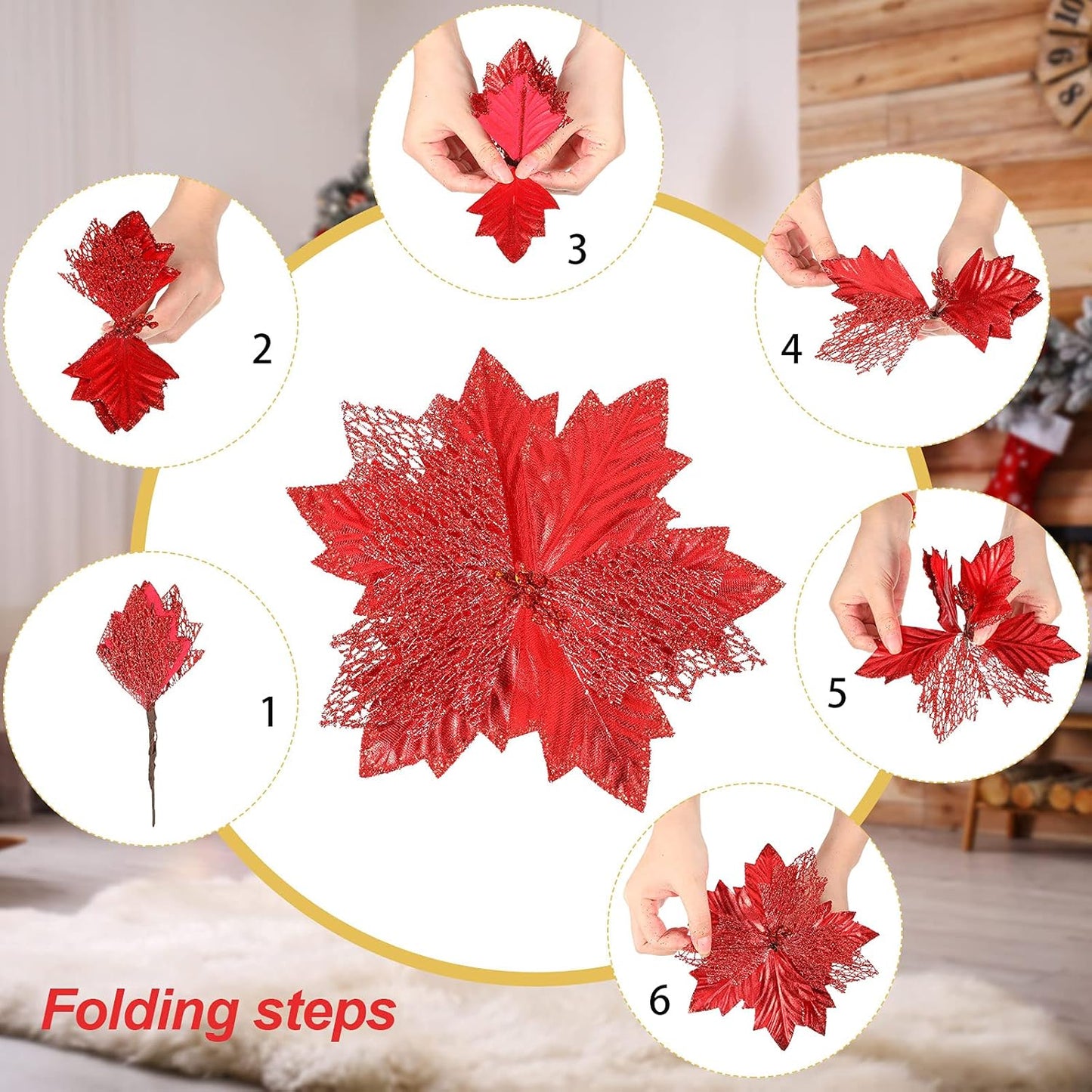 Christmas Tree Topper Decorations 34X12 Inch Large Christmas Bows Tree Ornaments and 24 Pcs Christmas Tree Flowers for Christmas Holiday Party Decorative(Red)