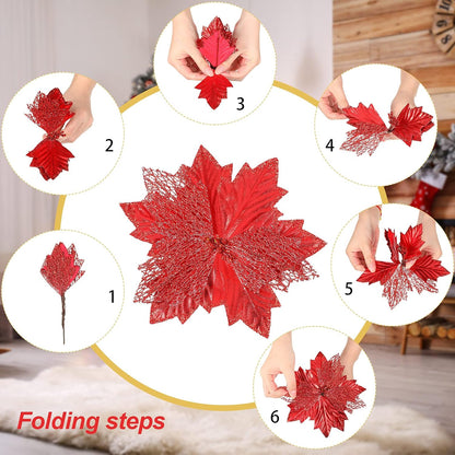 Christmas Tree Topper Decorations 34X12 Inch Large Christmas Bows Tree Ornaments and 24 Pcs Christmas Tree Flowers for Christmas Holiday Party Decorative(Red)