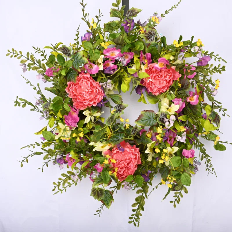 26" Handcrafted Faux Peony Morning Glory Silk Wreath for Front Door