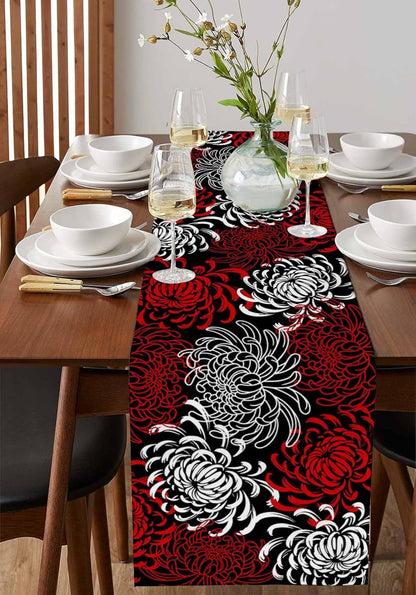 Floral Table Runner-Red Black White Cotton Linen-Long 90 Inche Dresser Scarves,Flower Tablerunner for Kitchen Coffee/Dining Table Bedroom Home Living Room,Scarf Decor for Summer Spring Holiday Dinner