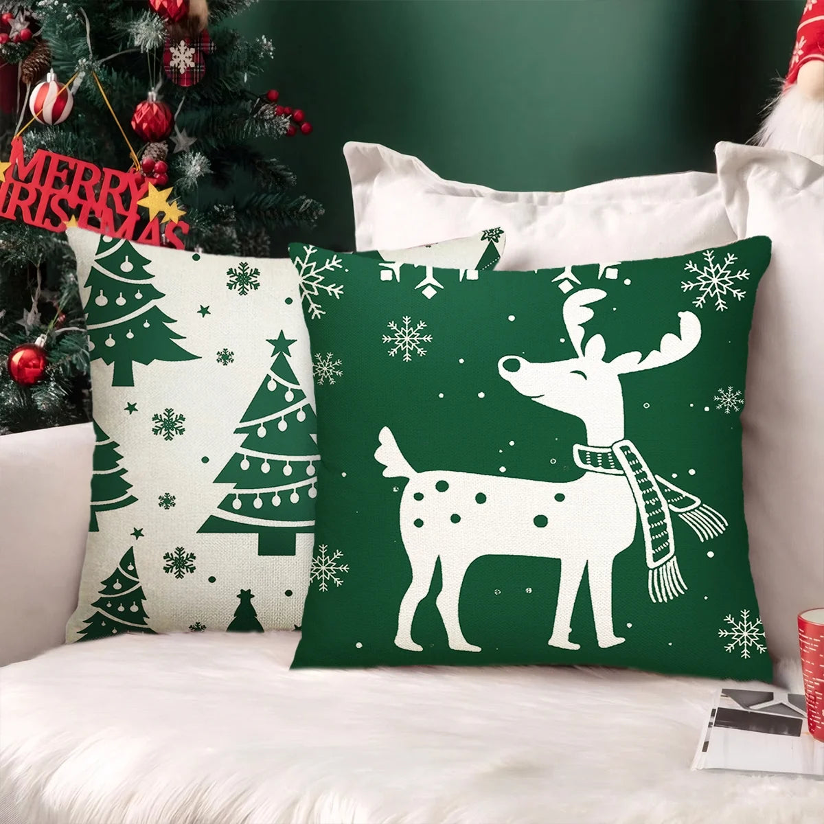 Christmas Throw Pillow Covers 18''X18'' Set of 4 Decorative Holiday Pillows Cover Cases Farmhouse Decor for Xmas Decoration Home Couch Sofa, Green
