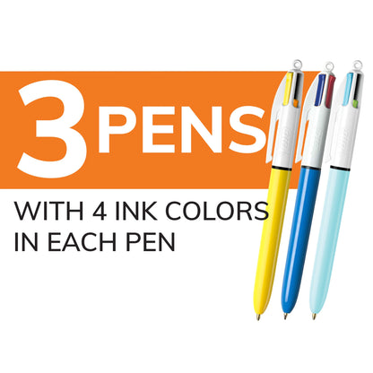 4-Color Retractable Ballpoint Pens, Medium Point 1.0 Mm, Assorted Ink, 3 Count