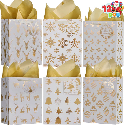 12 Pcs Christmas Gift Bag Set,Foil Gold Goody Treat Bags with Tissue Papers and Name Card Tags for Holiday Party Favors Goody Bags, Xmas Presents and Wrapping Stocking Stuffers