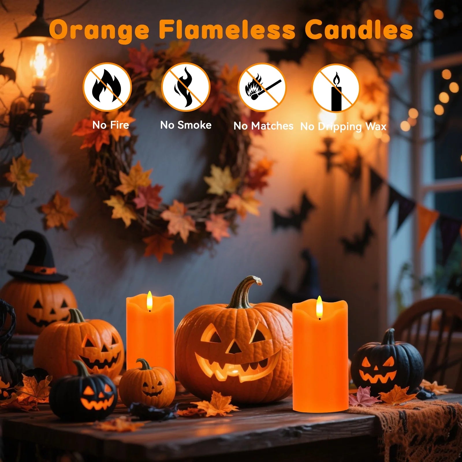 Flameless Candles Lights, Set of 2 Orange Flickering LED Candles with Remote & Timer, Dimmable LED Pillar Candles Battery Operated, Electric Candles for Fall Halloween Thanksgiving Decor