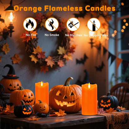 Flameless Candles Lights, Set of 2 Orange Flickering LED Candles with Remote & Timer, Dimmable LED Pillar Candles Battery Operated, Electric Candles for Fall Halloween Thanksgiving Decor