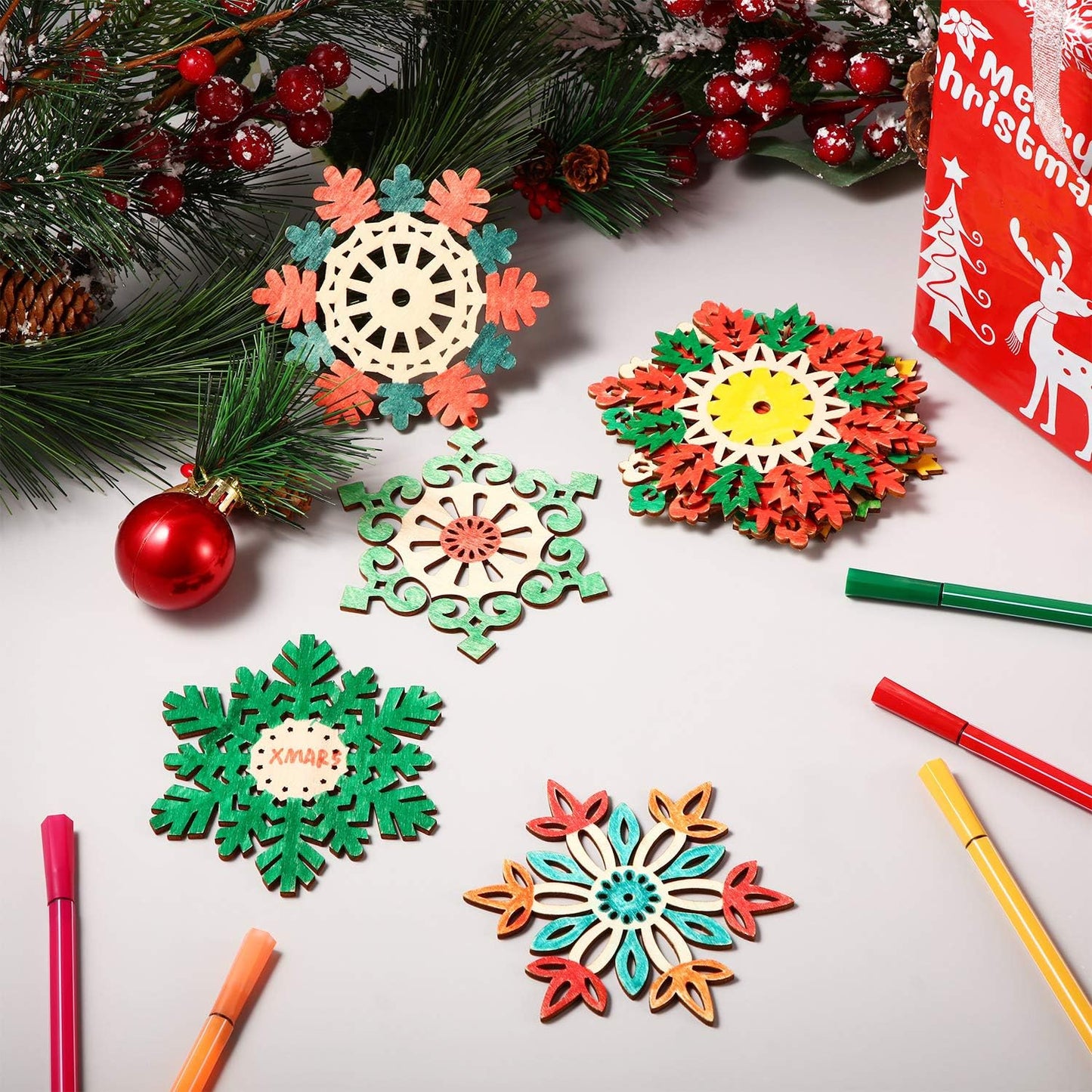 50 Pcs Christmas Unfinished Wooden Snowflake Ornaments 3.94 Inch Snowflake Hanging Cutouts Blank Wood Slices with Cord for Christmas Tree Decor DIY Craft Embellishments