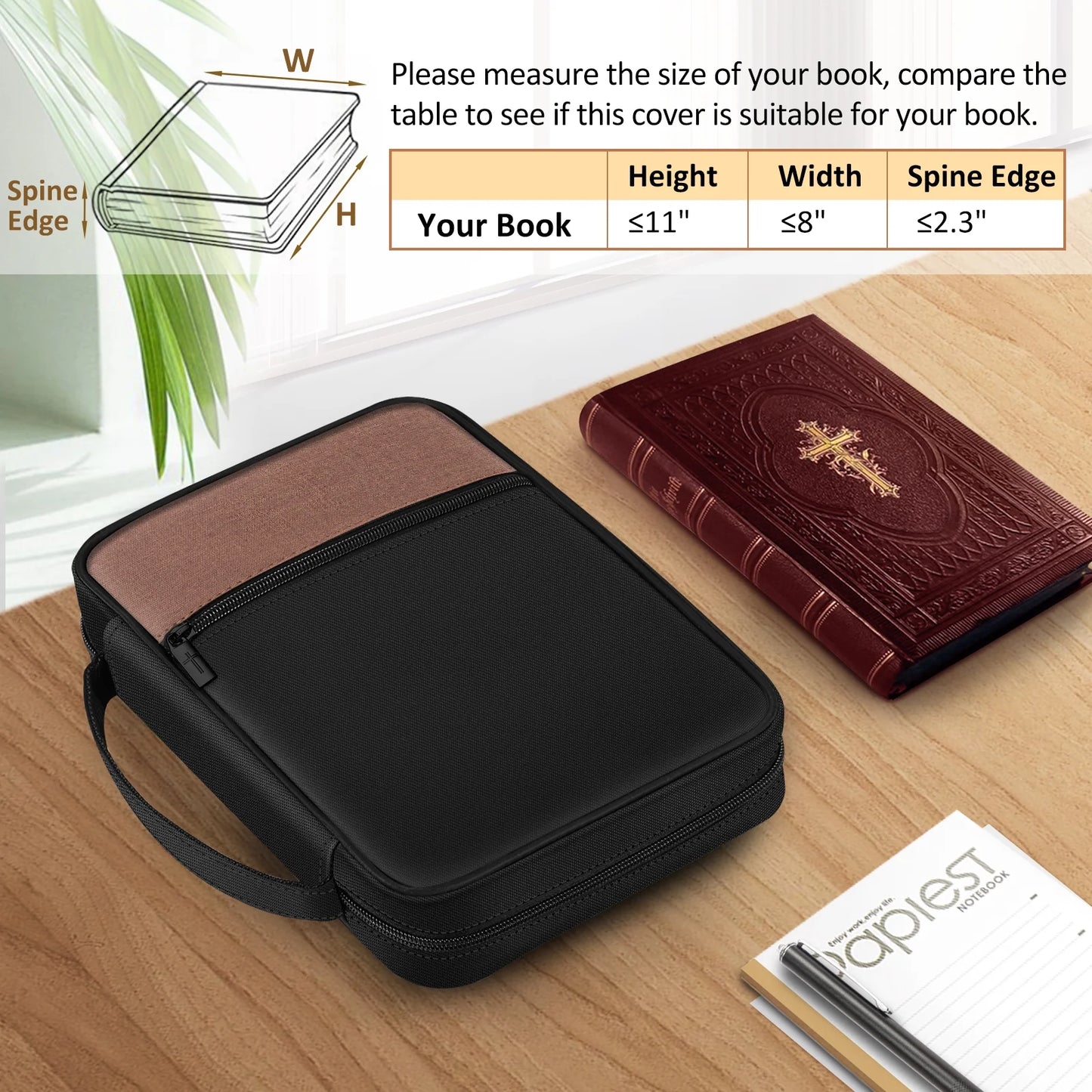 Bible Cover, Carrying Book Case Church Bag Bible Protective with Handle and Zippered Pocket, Perfect Gift for Men Women Father, Black & Brown